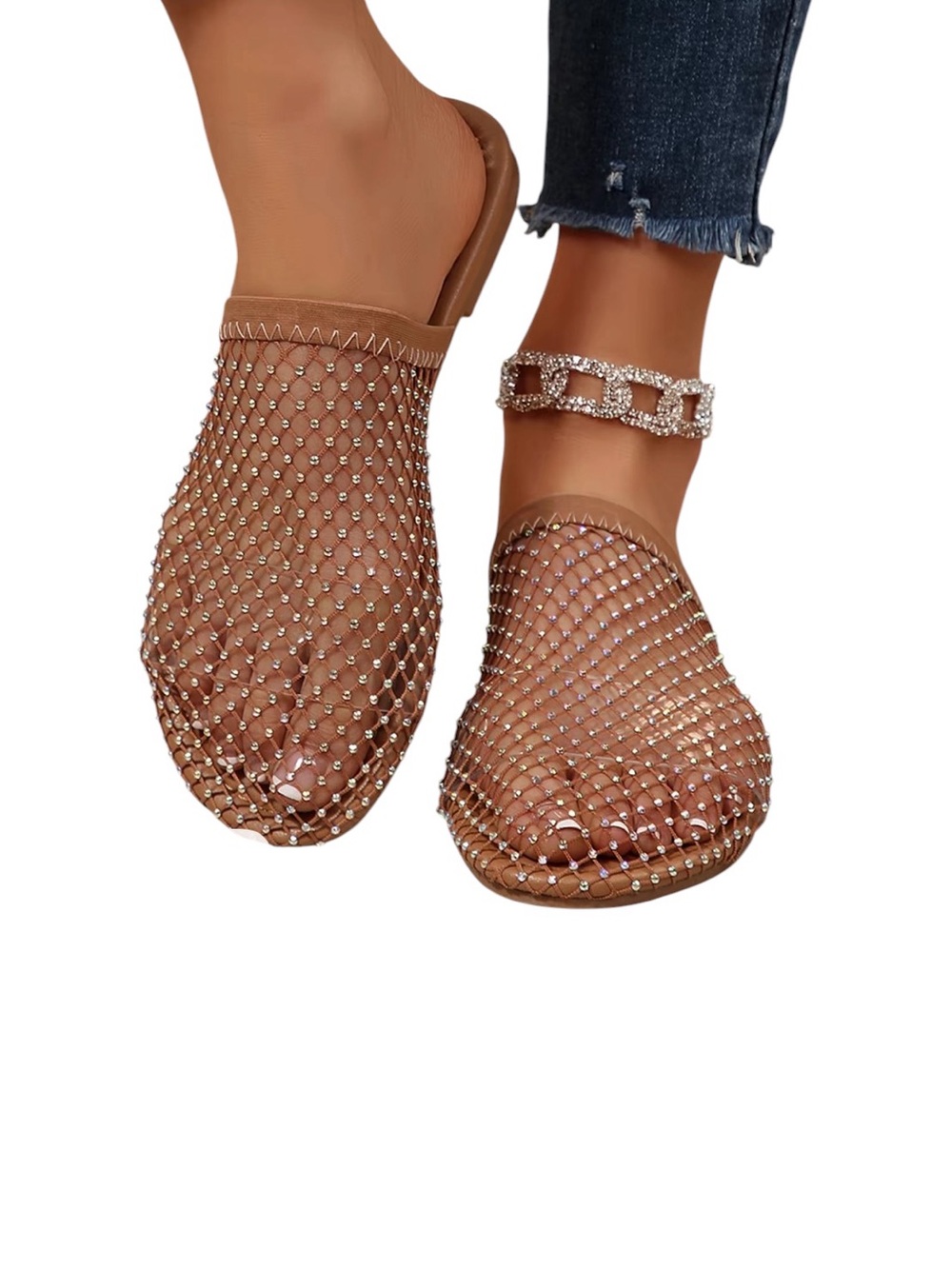 Rhinestone Mesh Slide Sandals - Tan